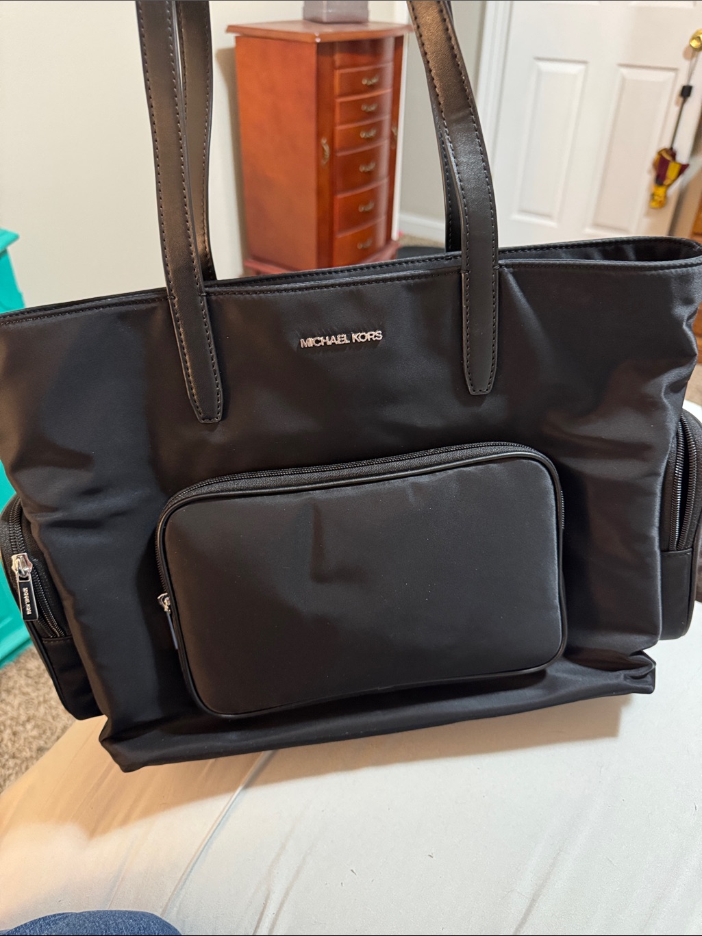 Michael Kors Black Nylon Laptop Tote With Front Pocket